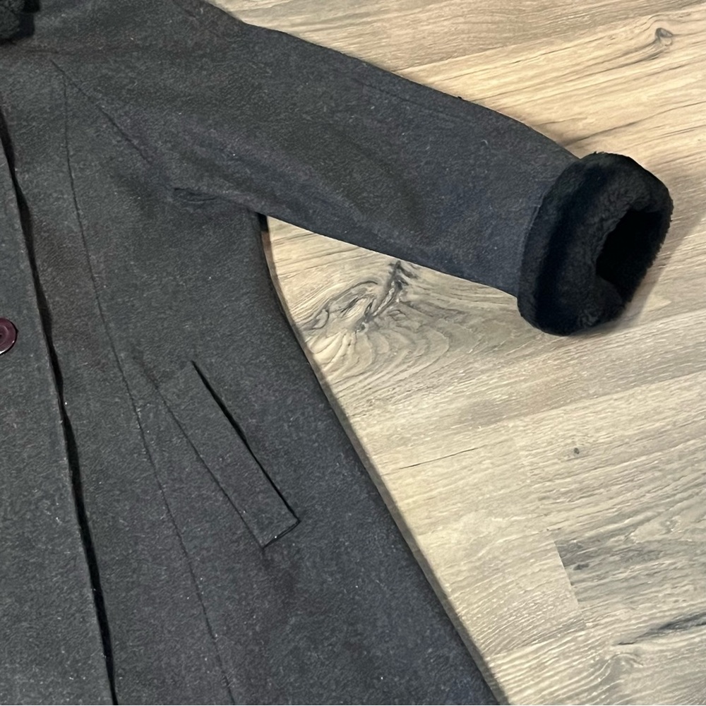 Donny Brook Womens Trench Coat Sz 14P Gray 100% Wool Lined Faux Fur Pocket - Picture 9 of 15